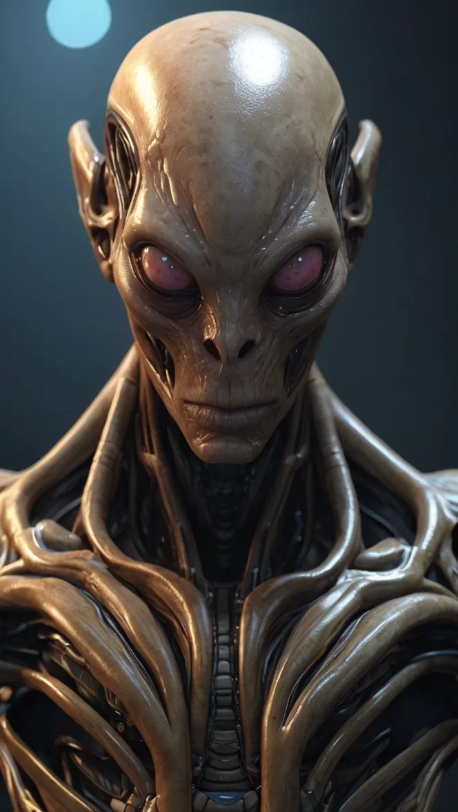 Retrato de una criatura alienígena de cráneo alargado y ojos rosados, con tendones biomecánicos dorados en el cuello y el pecho.