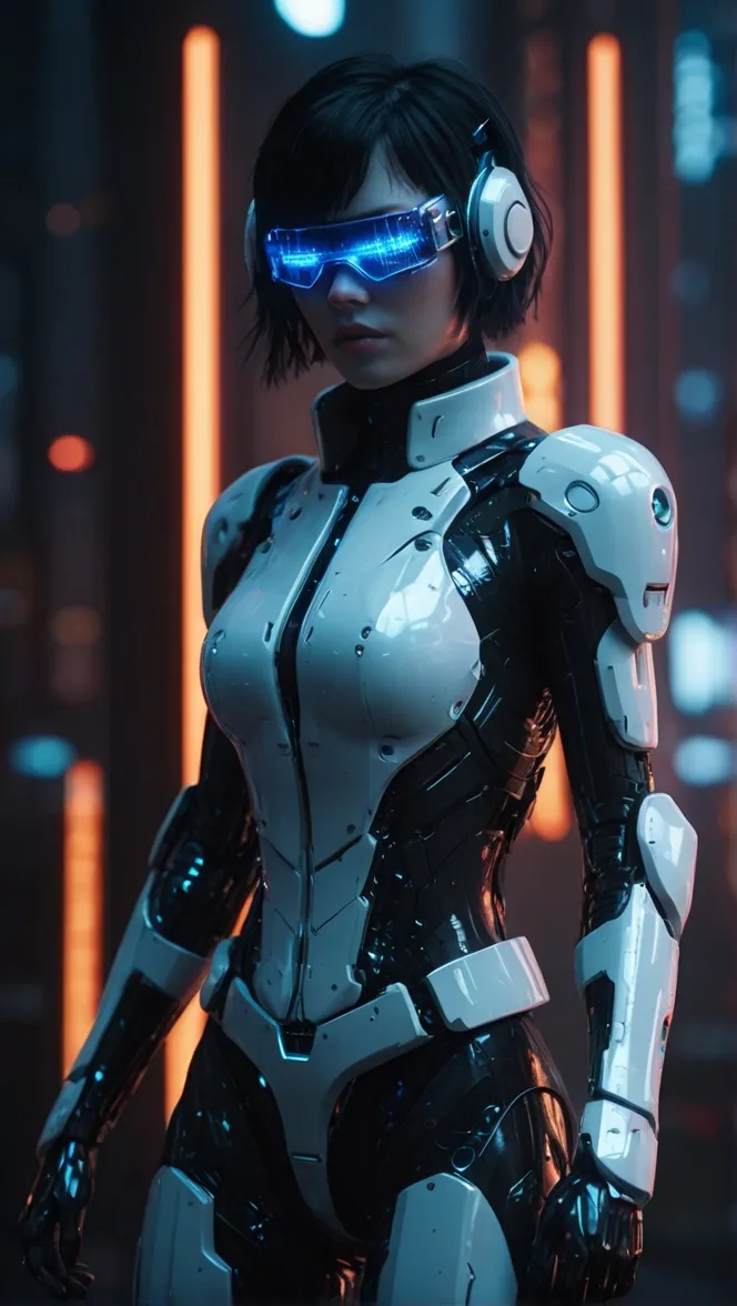 Mujer androide con visor digital azul y auriculares, vestida con una armadura blanca y negra, en una ciudad nocturna de fondo.