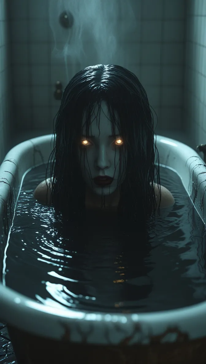 Figura de cabello oscuro y mojado con ojos brillantes en naranja, sumergida hasta los hombros en el agua de una bañera.