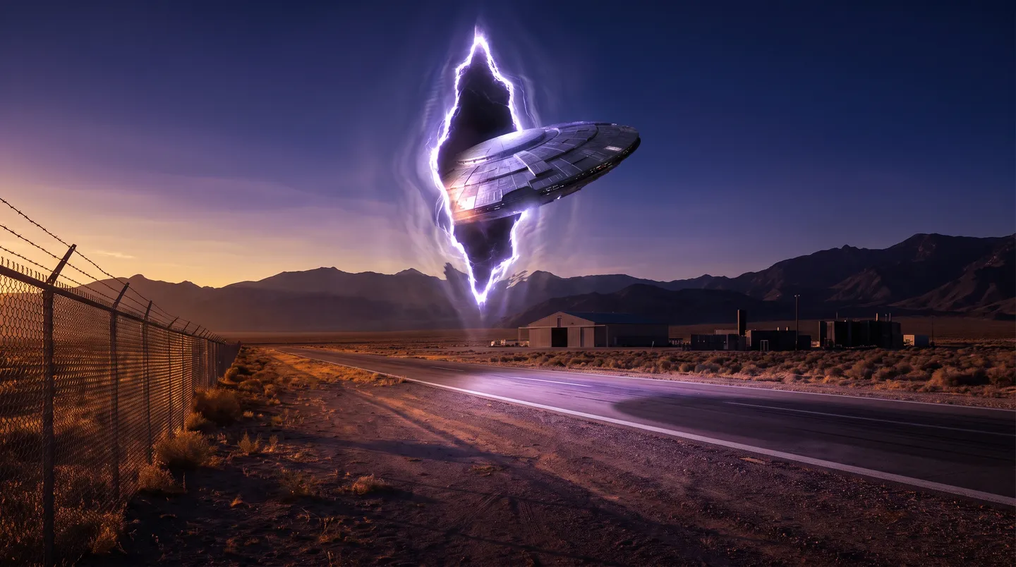 Un disco metálico emerge de un portal luminoso en el cielo, sobre una pista restringida del desierto con un cerco perimetral en primer plano.