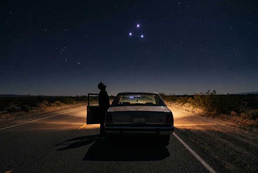 Silueta de una persona junto a un auto en una ruta desértica de noche, mirando hacia arriba a puntos de luz en el cielo.