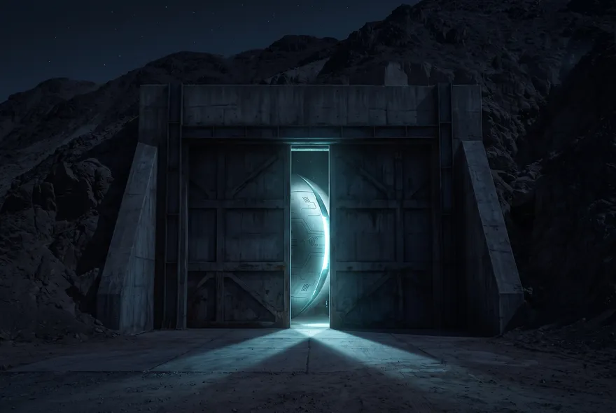 Puertas de un hangar entreabiertas en una montaña desértica de noche, con un casco metálico curvo visible en la rendija iluminada.