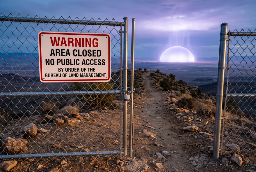 Cartel de cierre de área con un cerco nuevo en un sendero del desierto, con una cúpula de luz brillando en el horizonte.