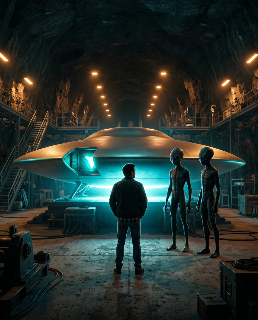 Persona dentro de un hangar secreto, junto a 2 extraterrestres, de fondo una nave espacial.