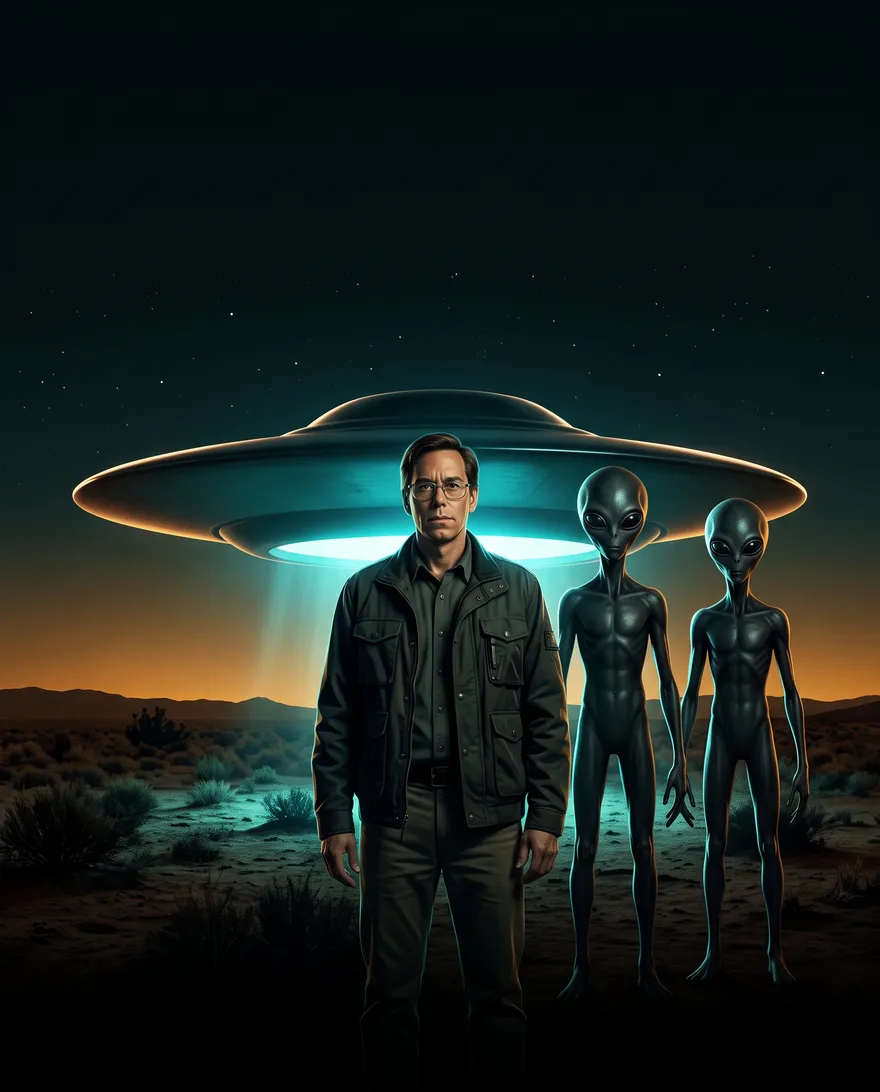 Persona junto a 2 seres extraterrestres mirando de frente, de fondo nave alienígena.
