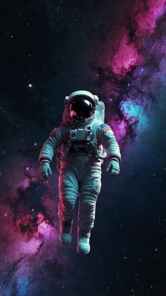 Astronauta flotando de frente a la cámara, visera oscura, rodeado de una nebulosa de colores rosados y azules.