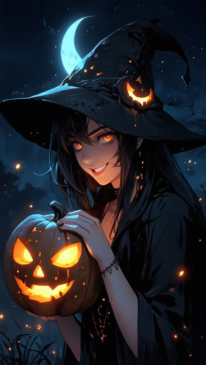 Ilustración de una bruja con sombrero puntiagudo sosteniendo una calabaza tallada e iluminada, bajo una luna creciente.