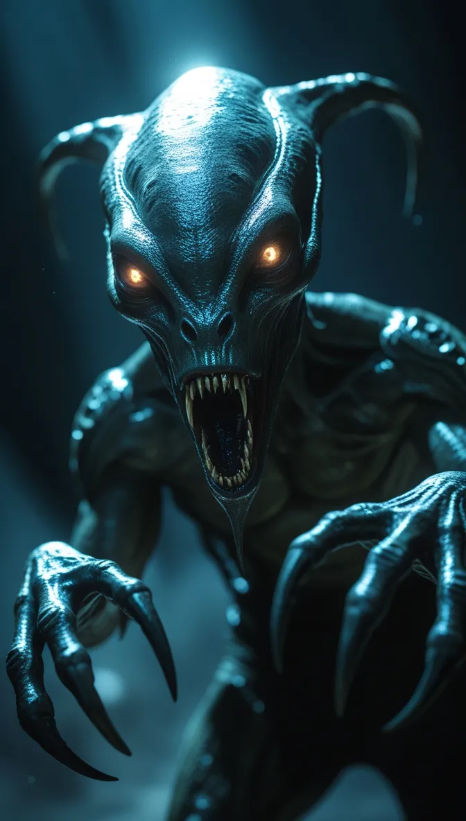 Criatura alienígena con cuernos curvos, fauces abiertas de colmillos afilados y garras extendidas hacia la cámara.
