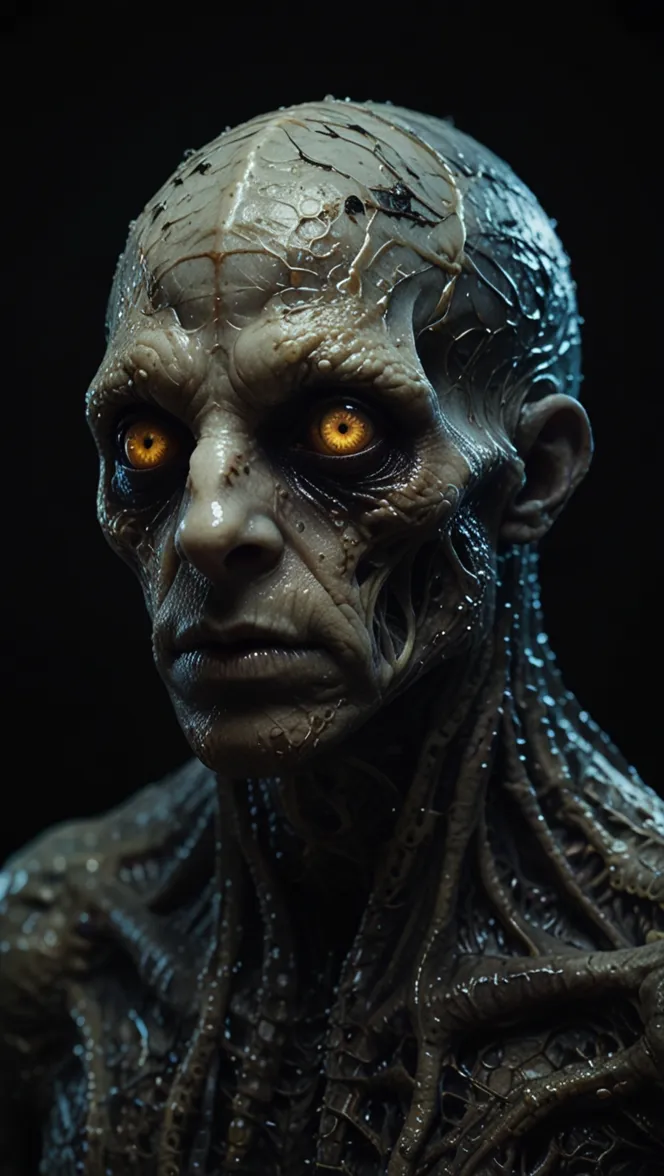 Rostro de una criatura de piel húmeda y agrietada, calva, con ojos color ámbar brillante y cuello cubierto de zarcillos.