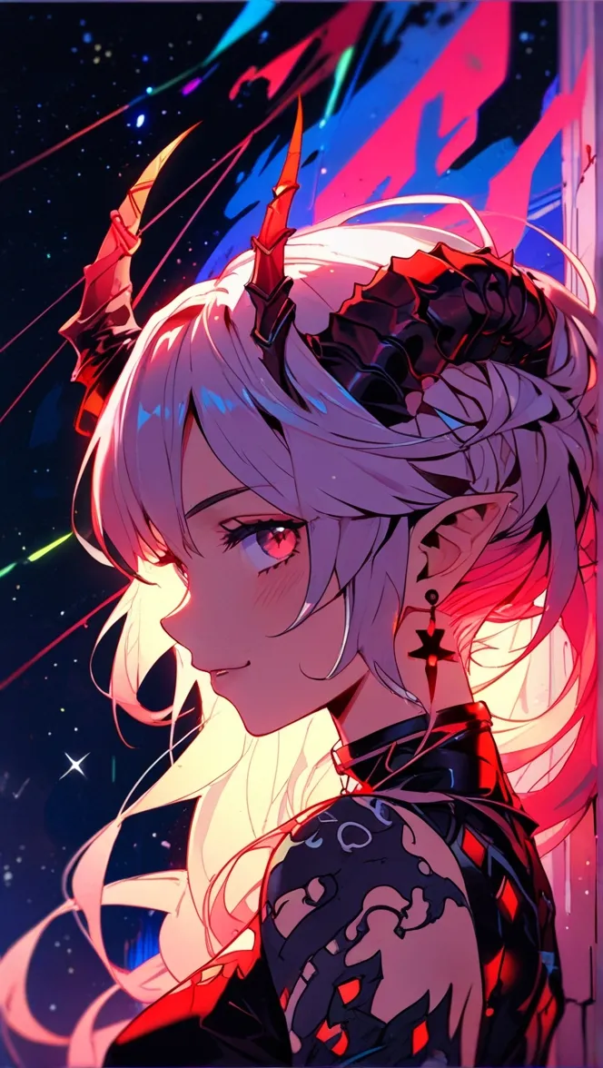 Ilustración de una figura con cuernos, orejas puntiagudas y ojos rojos, sonriendo de perfil contra un fondo estelar.