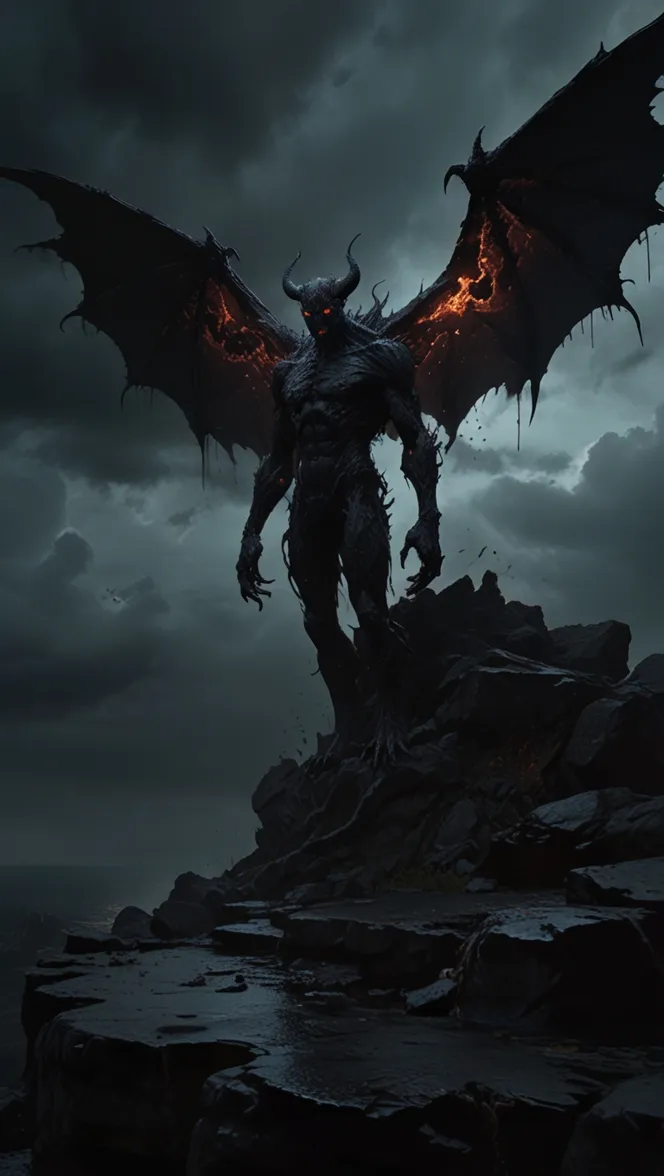 Figura humanoide oscura con cuernos y alas grandes de pie sobre rocas bajo un cielo nublado.