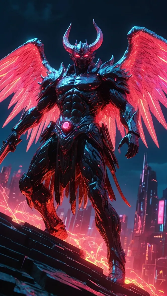 Figura humanoide con cuernos y alas brillantes sobre un paisaje urbano nocturno, estilo digital.