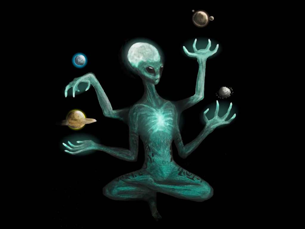 Entidad alienígena verdiazul en posición de loto, con planetas suspendidos alrededor de sus cuatro brazos.