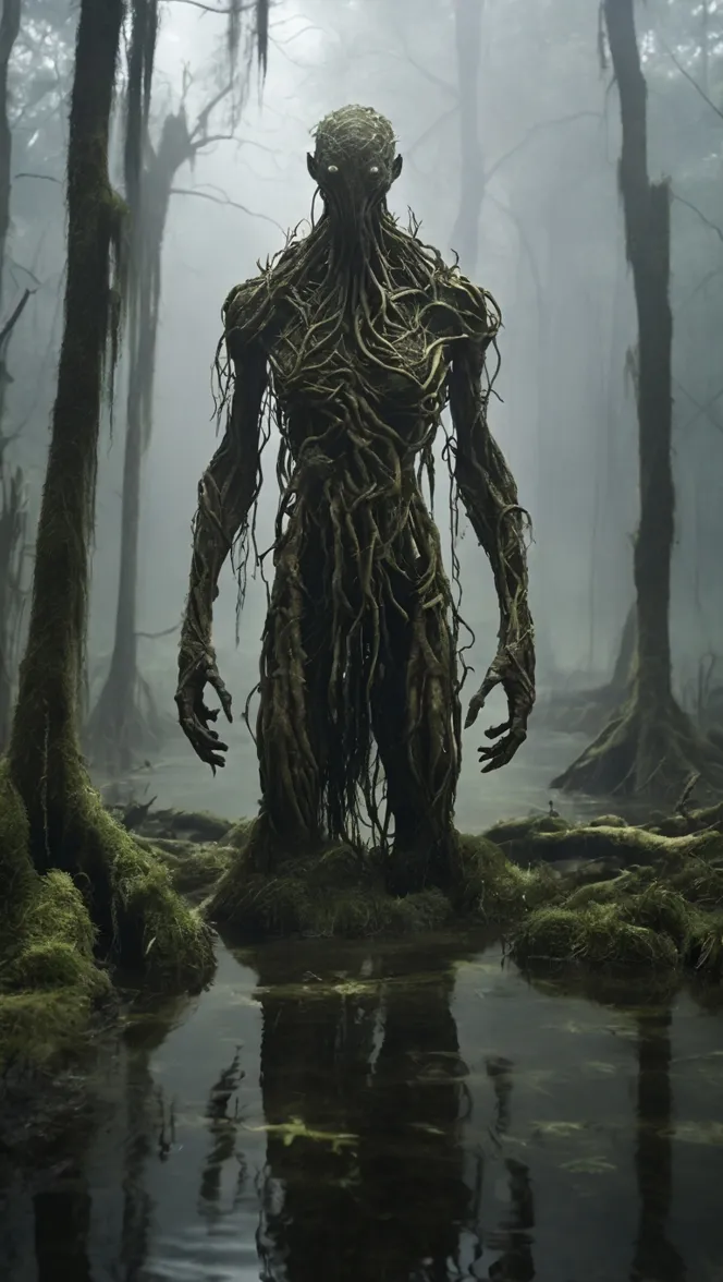 Figura humanoide compuesta enteramente de raíces y enredaderas, de pie en un pantano brumoso rodeado de árboles.