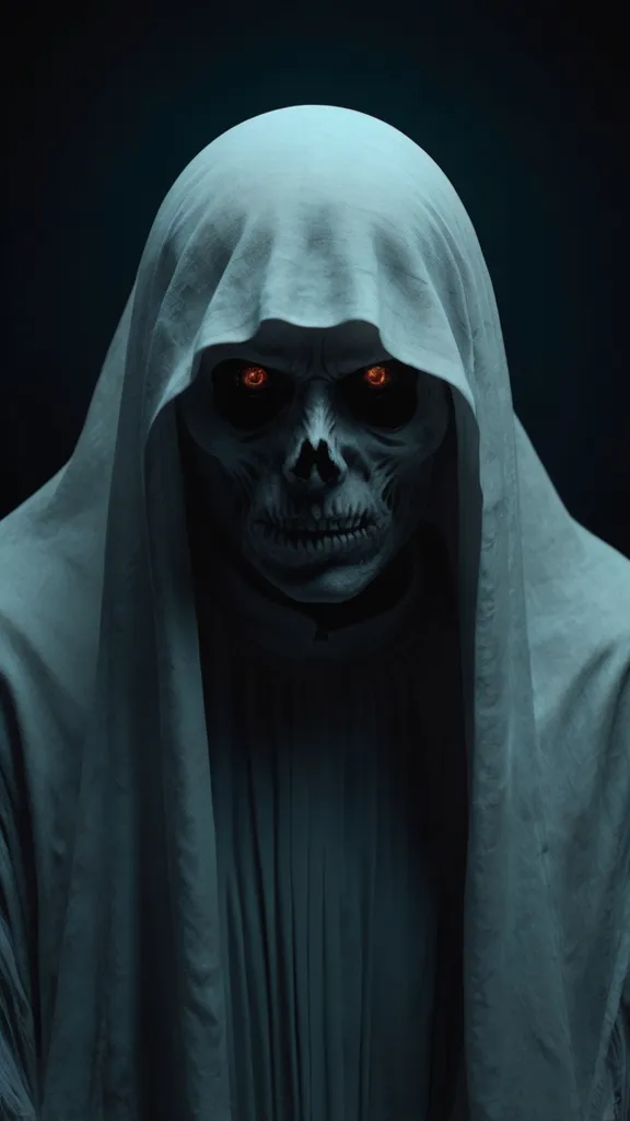 Figura con capucha de tela blanca y rostro de calavera, con ojos que brillan en naranja intenso contra un fondo oscuro.