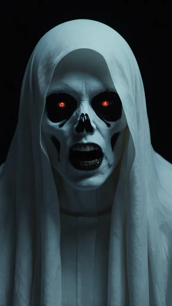 Figura envuelta en tela blanca con rostro de calavera y boca abierta en un grito, ojos brillando en naranja.