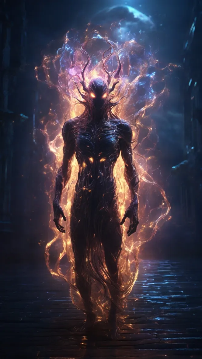Figura humanoide envuelta en hilos de fuego y energía, caminando por un callejón empedrado bajo una luna llena.