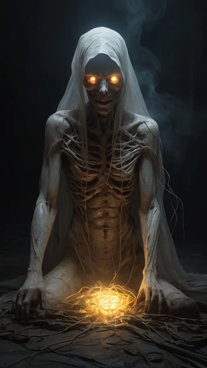 Figura esquelética envuelta en un velo, con ojos naranjas brillantes, arrodillada y sosteniendo entre las manos una esfera luminosa.