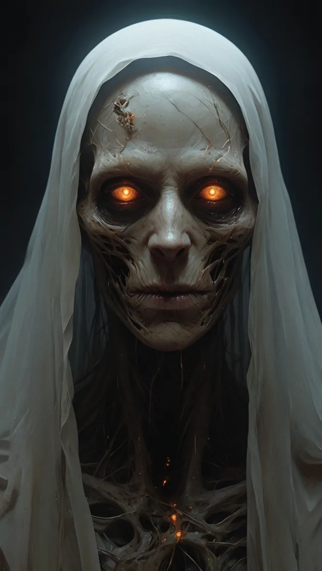 Rostro pálido y agrietado con ojos que brillan en naranja intenso, cubierto por un velo blanco translúcido.