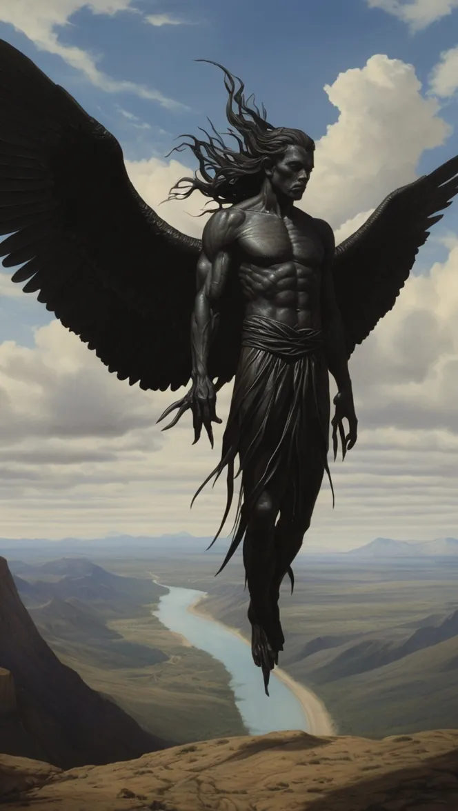 Figura masculina de aspecto oscuro con grandes alas extendidas levitando sobre un paisaje montañoso y un río.