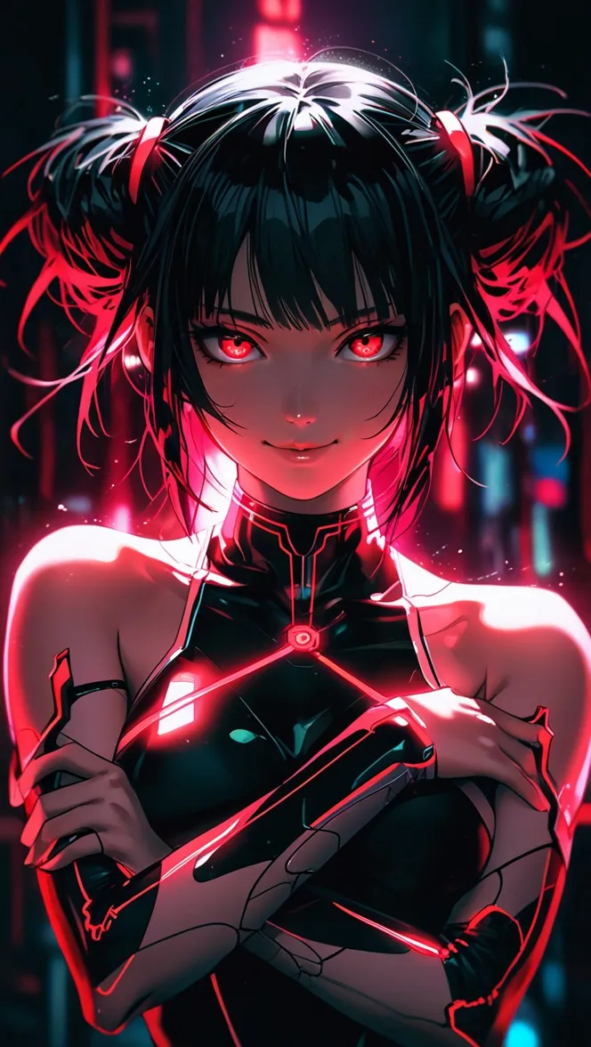 Retrato frontal de una joven con cabello oscuro, ojos rojos y traje tecnológico sobre fondo iluminado con neón rojo.