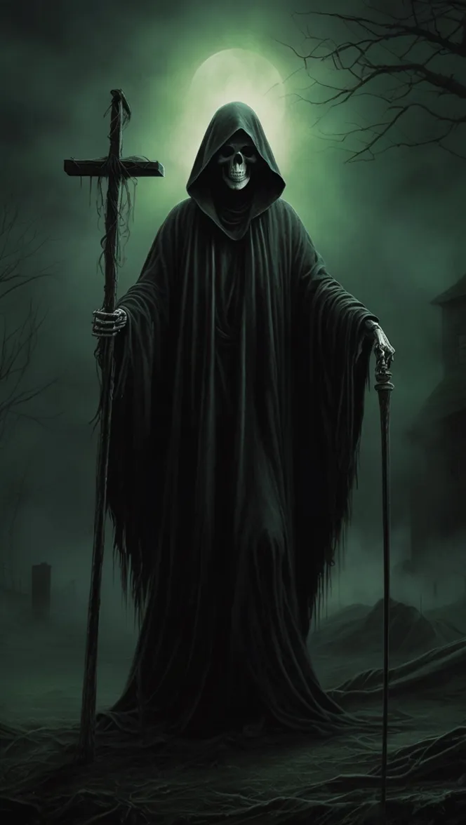 Ilustración de una figura con capucha y cráneo humano sosteniendo dos báculos en un entorno brumoso y oscuro.