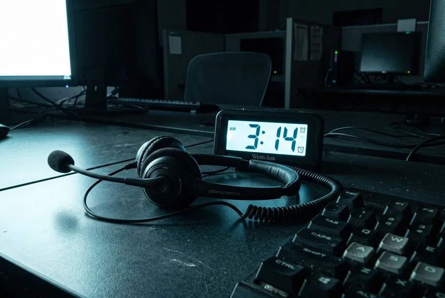 Auriculares de central telefónica junto a un reloj digital que marca las 3:14 de la madrugada.