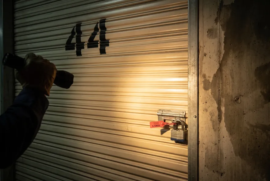 Candado con precinto numerado sobre la puerta metálica de la unidad 44, iluminado por una linterna.