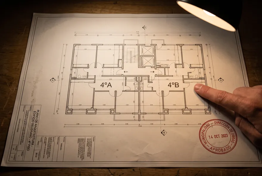 Plano municipal del cuarto piso de un edificio, con las unidades '4°A' y '4°B' marcadas y un sello oficial.