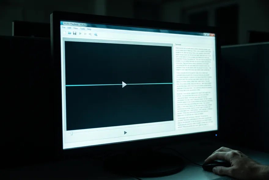 Pantalla de reproducción de audio mostrando una onda de sonido completamente plana junto a un panel de transcripción con texto.