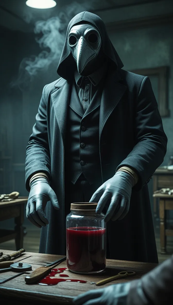 Médico de la peste con máscara de pico y capa oscura, sosteniendo un frasco de vidrio con líquido rojo sobre una mesa de instrumentos.