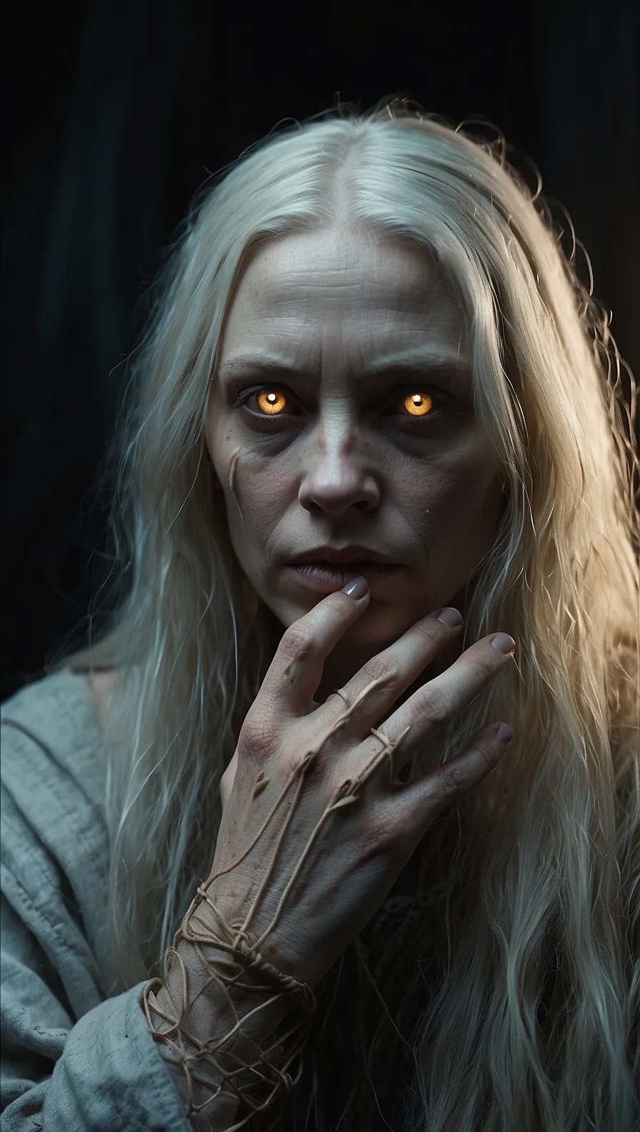 Retrato de una mujer de piel pálida y ojos color ámbar brillante, con una mano vendada cerca del rostro.