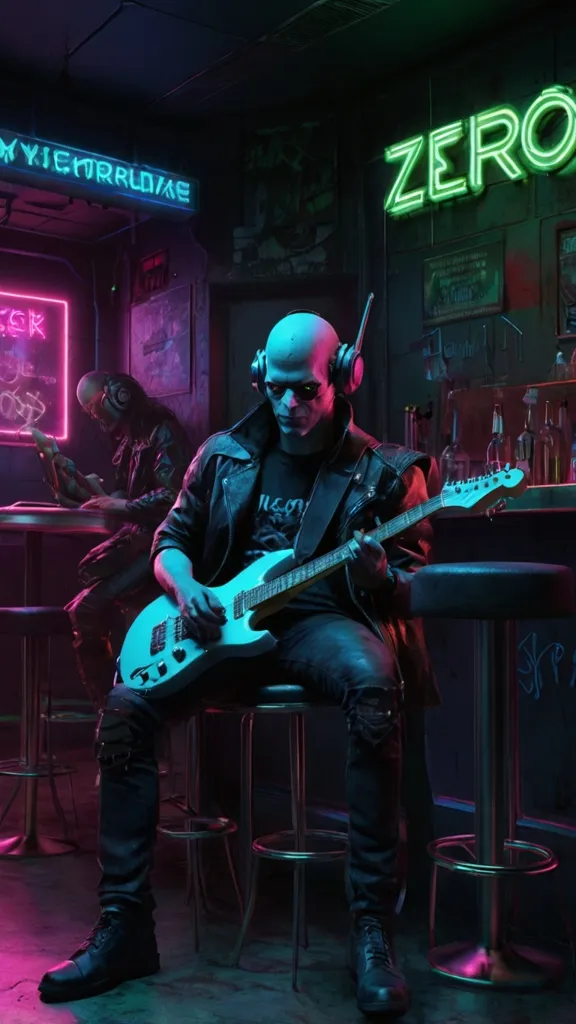 Hombre calvo con auriculares y chaqueta de cuero tocando una guitarra eléctrica en un bar iluminado con luces de neón.