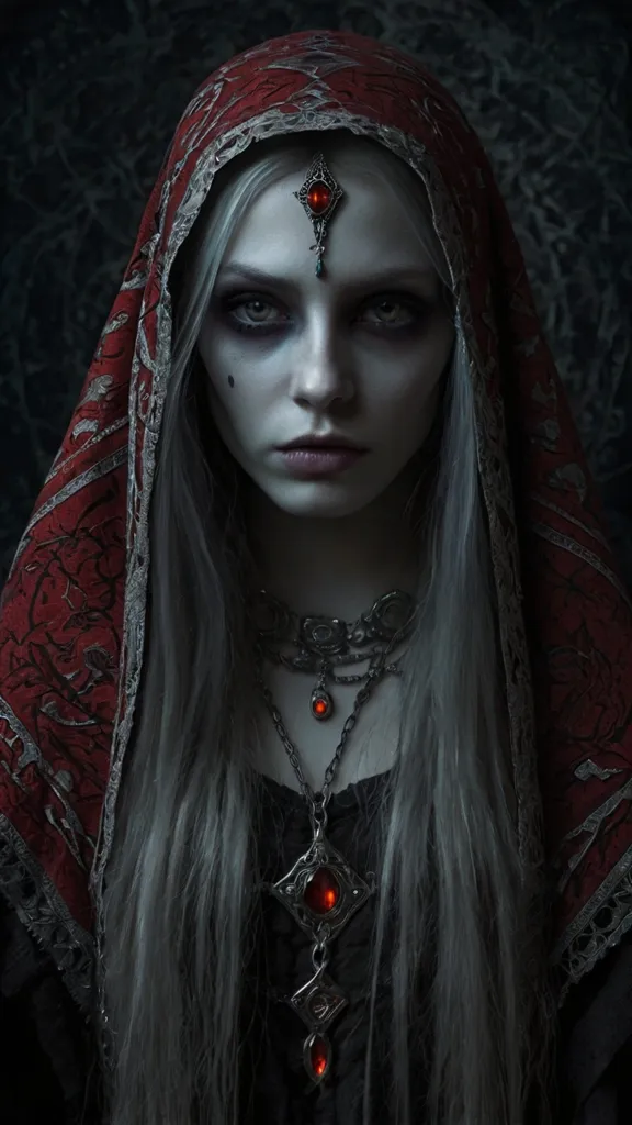 Retrato de una mujer con capucha roja y bordada, joyas oscuras con piedras rojas y cabello plateado, mirando fijo a cámara.