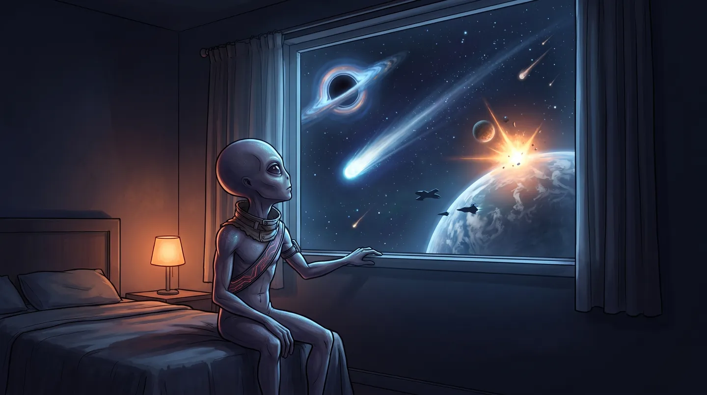 El Quantum Alien mira desde su ventana un agujero negro, un cometa y una colisión celeste.