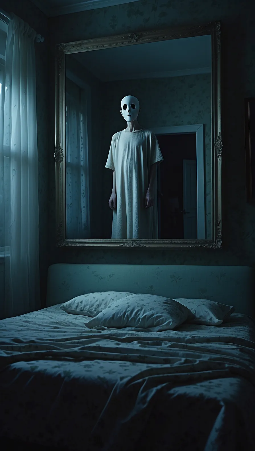 Espejo de dormitorio que refleja una figura pálida con máscara sin rasgos, de pie en una habitación aparentemente vacía.