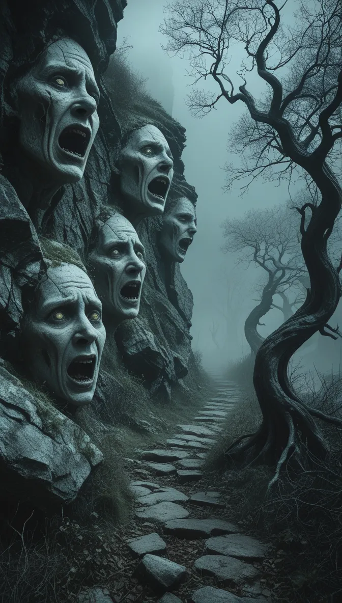 Varios rostros humanos esculpidos en una pared rocosa junto a un sendero de piedra, todos con la boca abierta en un grito, entre niebla.