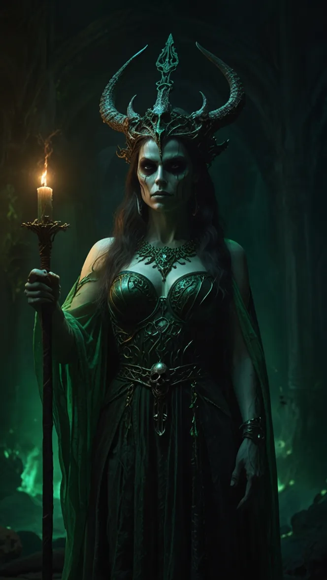 Mujer con tocado de cuernos dorados sosteniendo un cetro con una vela encendida, en un templo iluminado de verde.