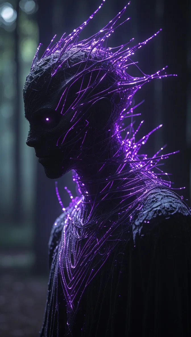 Perfil de una entidad de sombra pura con filamentos violetas luminosos brotando de su cabeza y hombros, en un bosque oscuro.