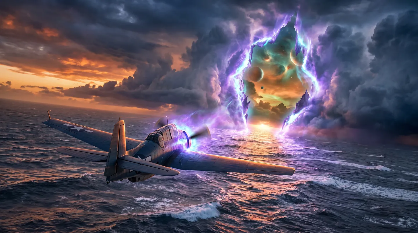 Un bombardero-torpedo cruza hacia un portal interdimensional abierto sobre el océano, con otro mundo visible del otro lado.