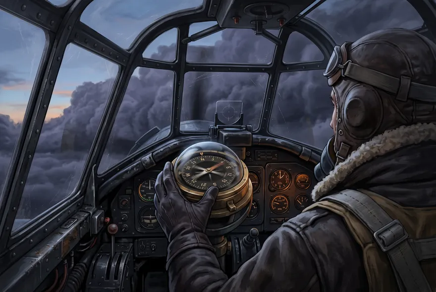 Ilustración del interior de la cabina de un bombardero-torpedo, con la mano enguantada de un piloto sobre una brújula cuya aguja gira sin asentarse, mientras una pared de nubes de tormenta se cierra al frente.