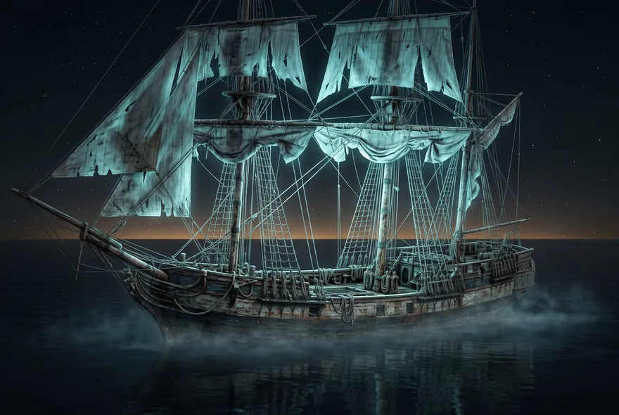 Ilustración de un velero del siglo XIX a la deriva en aguas calmas al amanecer, con las velas desplegadas y la cubierta vacía, envuelto en una niebla baja que no cubre el cielo.
