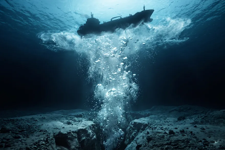 Ilustración de una columna de burbujas de gas ascendiendo desde el fondo marino hasta la silueta de un barco en la superficie.