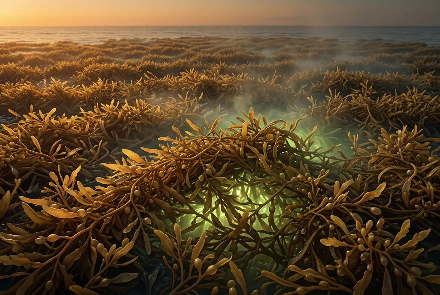 Ilustración de un manto de alga sargazo con un resplandor tóxico verde-dorado bajo la superficie, al atardecer.