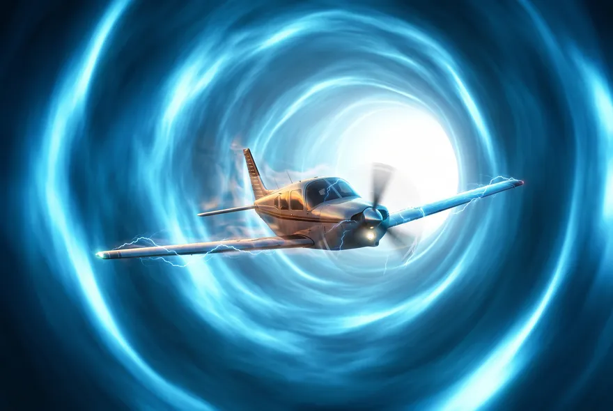 Ilustración de un avión pequeño envuelto en un túnel de niebla azul eléctrico, con el espacio a su alrededor visiblemente distorsionado.