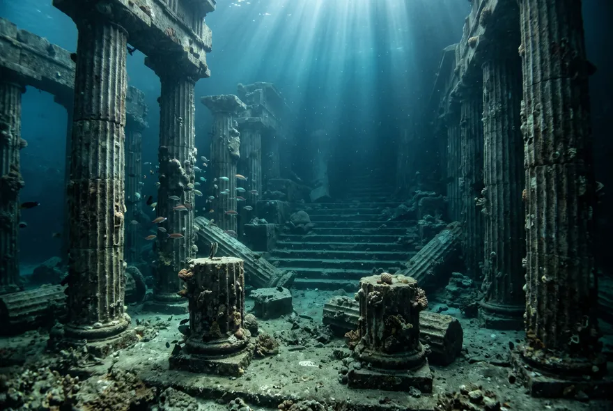 Ilustración hiperrealista de columnas y escalinatas de piedra en ruinas submarinas cubiertas de coral, con la luz del sol filtrándose desde la superficie.