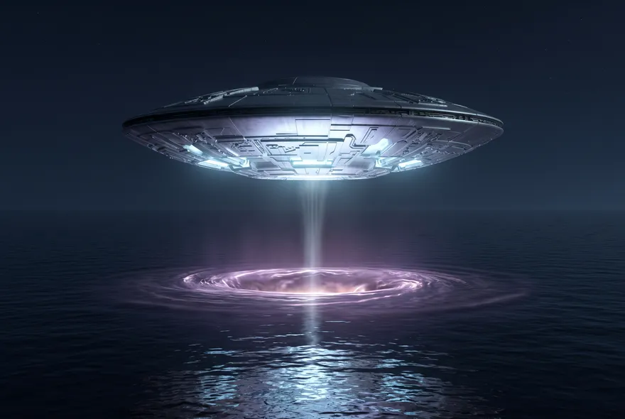 Ilustración de una nave de origen desconocido sobre el océano de noche, con un haz de luz que conecta con un pequeño portal abierto en el agua.