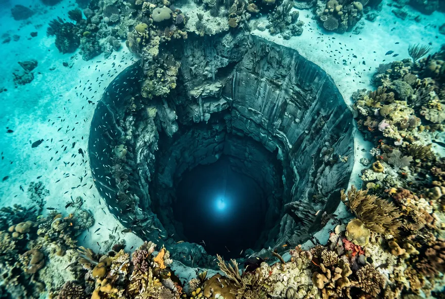 Ilustración vista desde arriba de un agujero azul submarino, un pozo circular que desciende hacia una oscuridad con un tenue resplandor en el fondo.