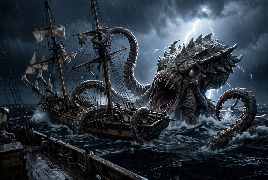 Ilustración hiperrealista de un kraken colosal y mitológico, con cabeza cubierta de espinas óseas y fauces abiertas, alzándose entre una tormenta para aferrar un barco de madera con varios tentáculos.