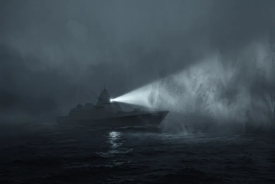 Ilustración de un buque militar sin marcas navegando de noche entre la niebla, con un reflector cortando la neblina.